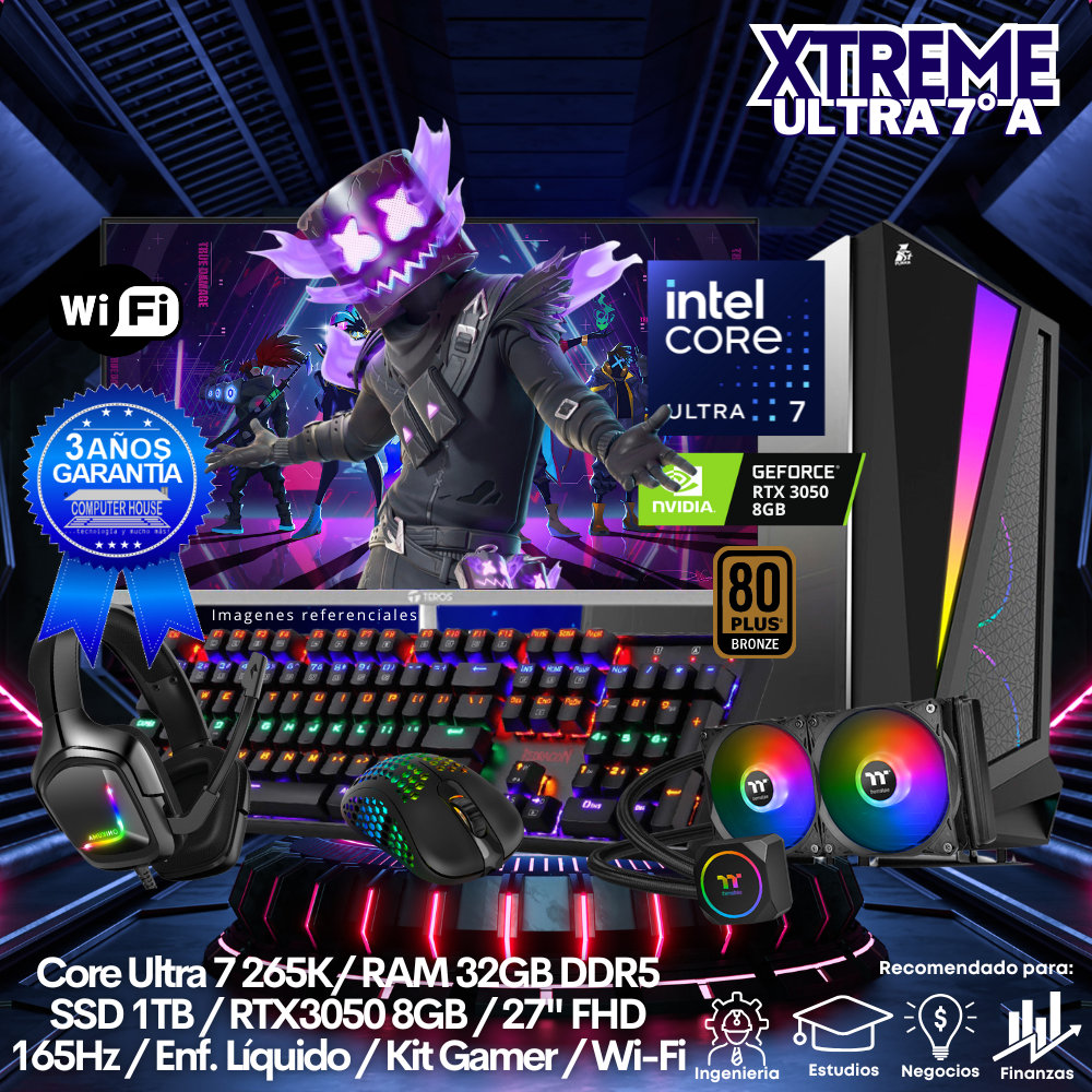 XTREME Core Ultra 7-265K "A", RAM 32GB DDR5, SSD 1TB, Video RTX3050 8GB, Wi-Fi, Enfriamiento Líquido, Monitor 27″ FHD 165Hz, Kit Gamer.