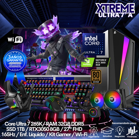 XTREME Core Ultra 7-265K "A", RAM 32GB DDR5, SSD 1TB, Video RTX3050 8GB, Wi-Fi, Enfriamiento Líquido, Monitor 27″ FHD 165Hz, Kit Gamer.