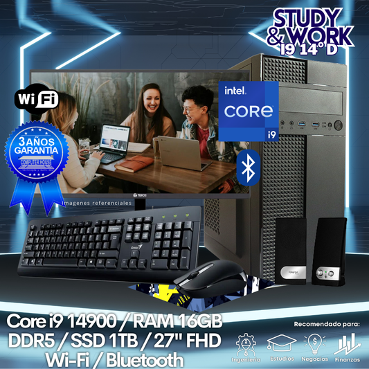 Desktop Core i9-14900K "D", RAM 16GB DDR5, SSD 1TB, Wi-Fi, Bluetooth, Monitor 27″ FHD, Kit Teclado + Mouse, Parlantes o Audífono.