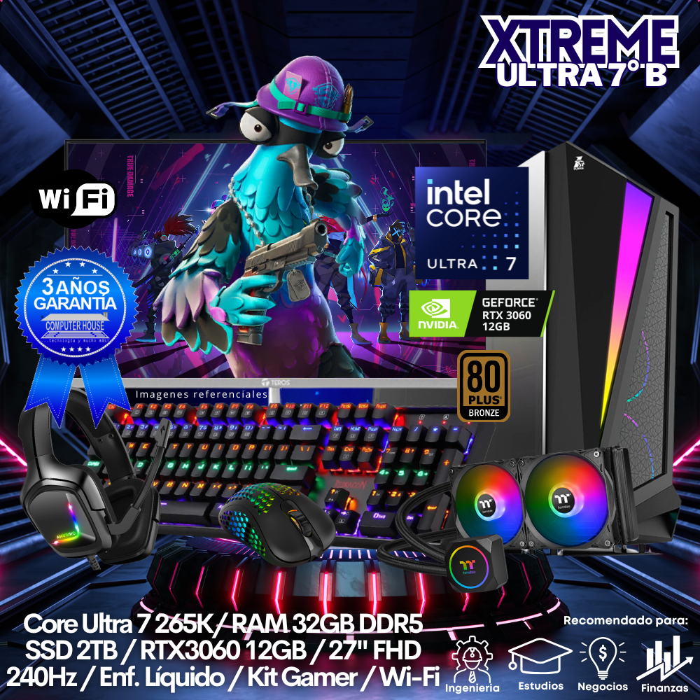 XTREME Core Ultra 7-265K "B", RAM 32GB DDR5, SSD 2TB, Video RTX3060 12GB, Wi-Fi, Enfriamiento Líquido, Monitor 27″ FHD 240Hz, Kit Gamer.