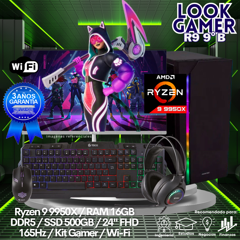 LOOK GAMER Ryzen 9-9900X "B", RAM 16GB DDR5, SSD 500GB, Wi-Fi, Enfriamiento Líquido, Monitor 24″ FHD, Kit Gamer.