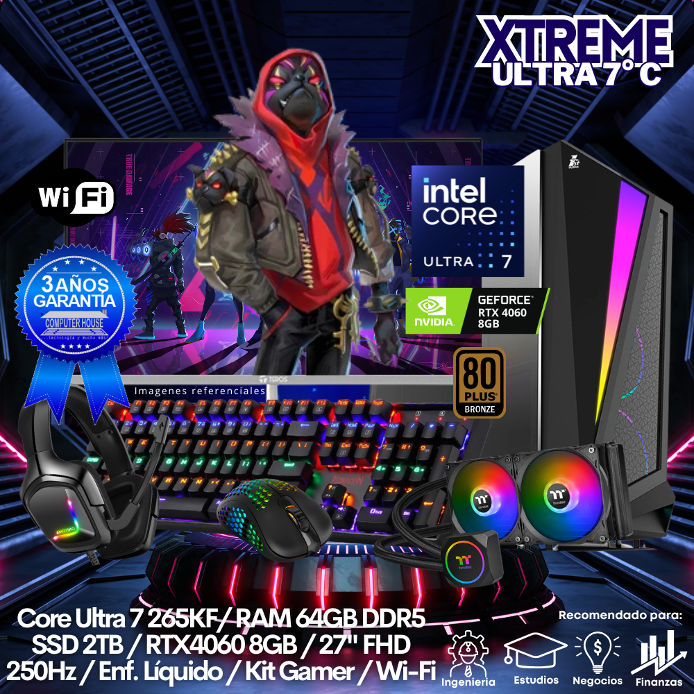 XTREME Core Ultra 7-265KF "C", RAM 64GB DDR5, SSD 2TB, Video RTX4060 8GB, Wi-Fi, Enfriamiento Líquido, Monitor 27″ FHD 250Hz, Kit Gamer.