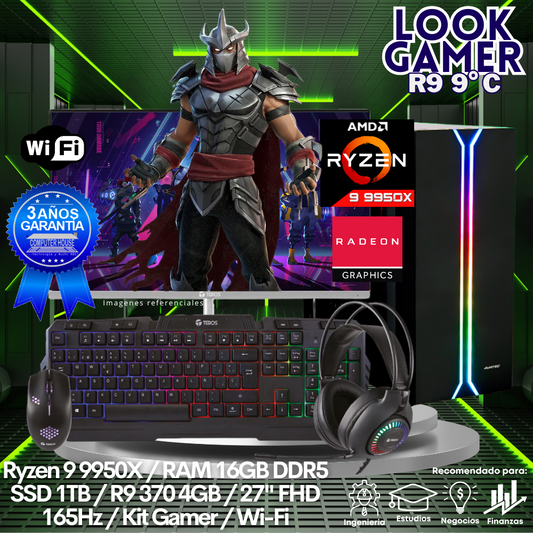 LOOK GAMER Ryzen 9-9900X "C", RAM 16GB DDR5, SSD 1TB, Video R9 370 4GB, Wi-Fi, Enfriamiento Líquido, Monitor 27″ FHD, Kit Gamer.