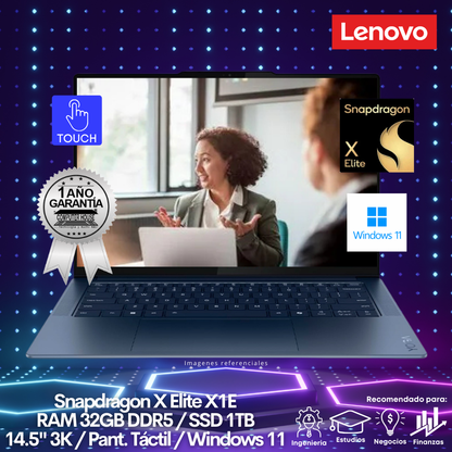 Laptop LENOVO Yoga Slim 7, Snapdragon X Elite X1E, RAM 32GB DDR5, SSD 1TB, 14.5" 3K, Pantalla Táctil, Windows 11.