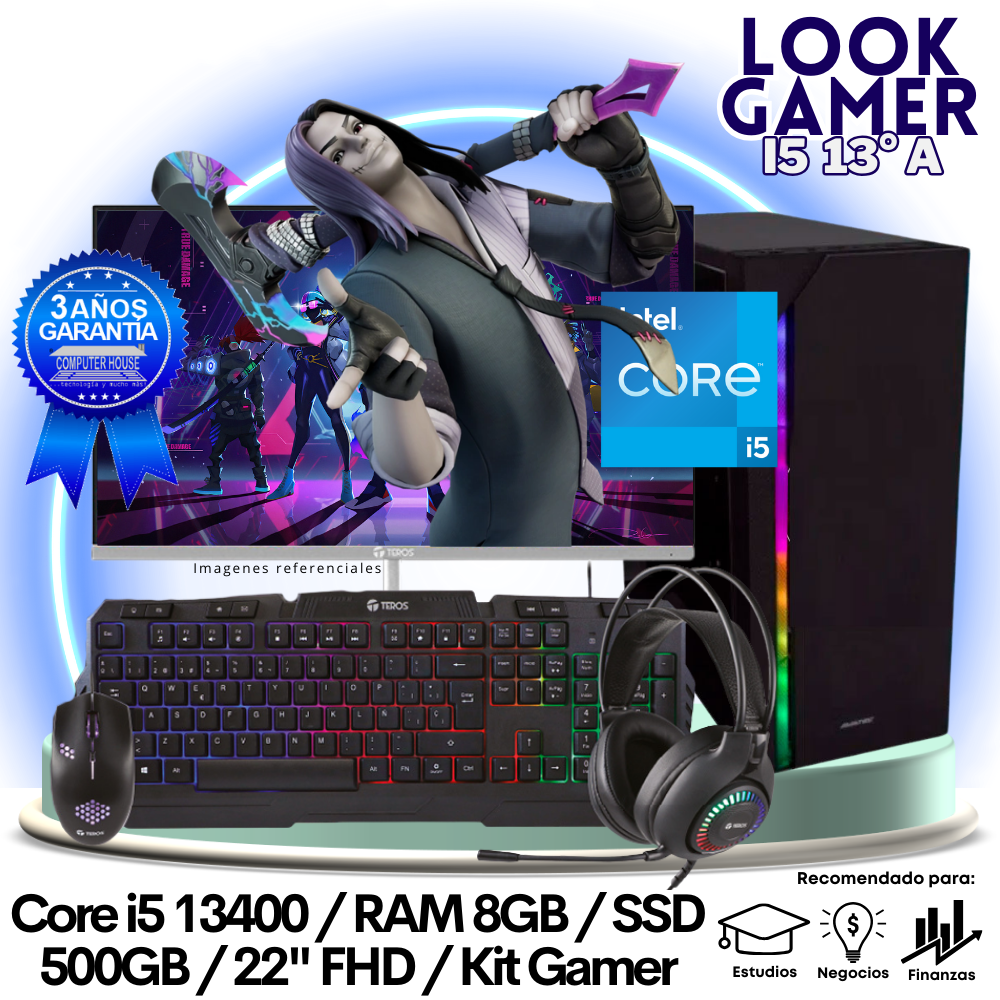 LOOK GAMER Core i5-13400 "A", RAM 8GB DDR5, SSD 500GB, Monitor 22″ FHD, Kit Gamer.
