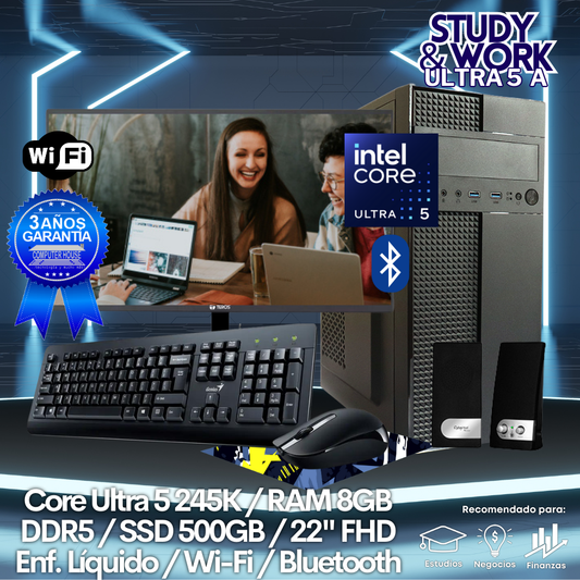 Desktop Core Ultra 5-245K  "A", RAM 8GB DDR5, SSD 500GB, Wi-Fi, Bluetooth, Enfriamiento Líquido, Monitor 22″ FHD, Kit Teclado + Mouse, Parlantes o Audífono.