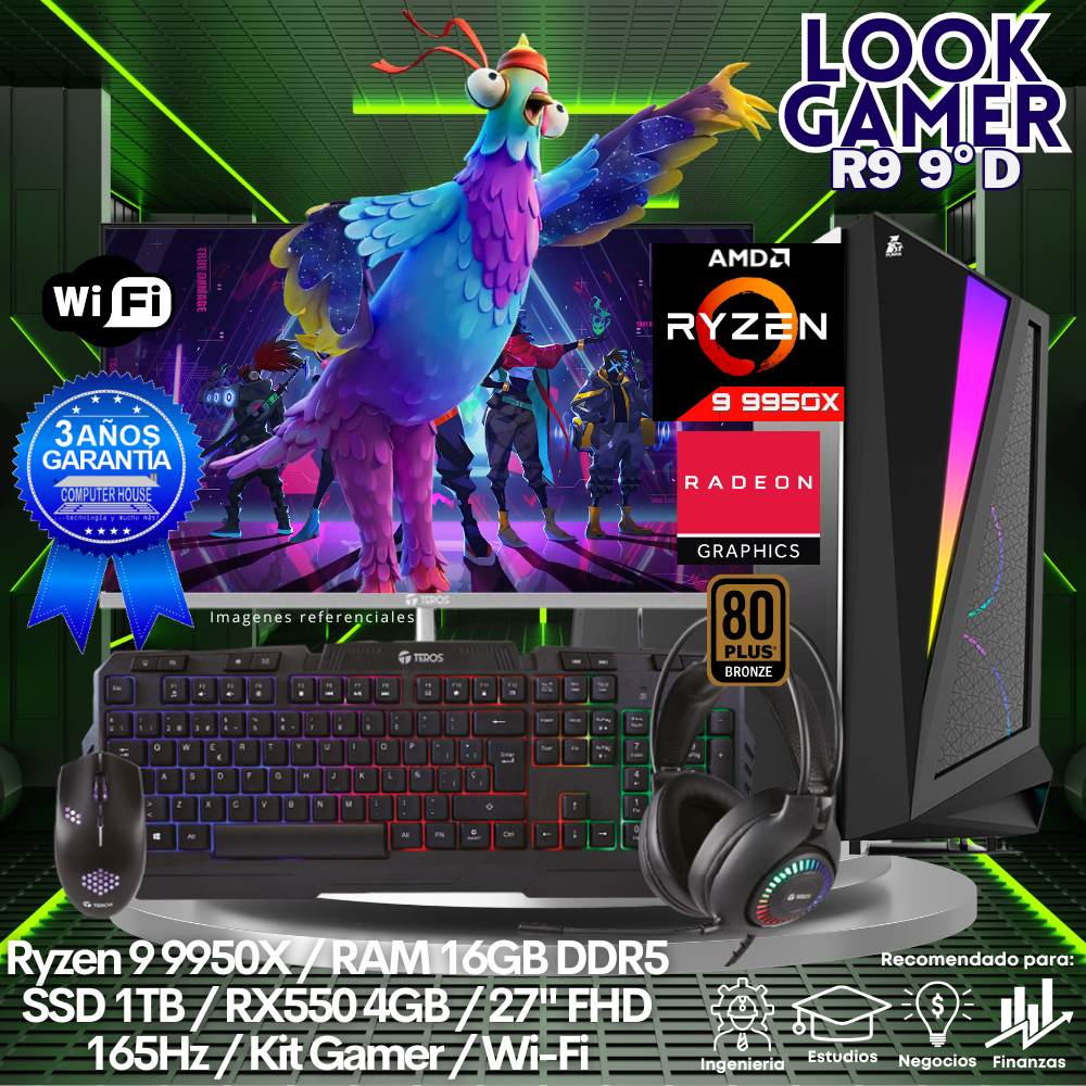 LOOK GAMER Ryzen 9-9900X "D", RAM 16GB DDR5, SSD 1TB, Video RX550 4GB, Wi-Fi, Enfriamiento Líquido, Monitor 27″ FHD, Kit Gamer.