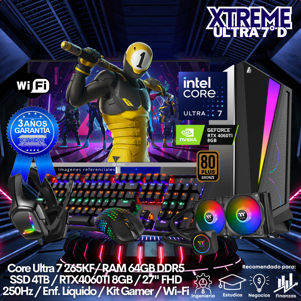 XTREME Core Ultra 7-265KF "D", RAM 64GB DDR5, SSD 4TB, Video RTX4060TI 8GB, Wi-Fi, Enfriamiento Líquido, Monitor 27″ FHD 250Hz, Kit Gamer.