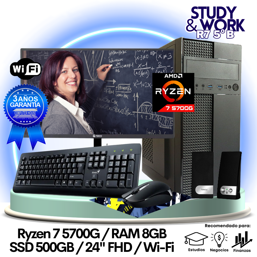 Desktop Ryzen 7-5700G "B", RAM 8GB, SSD 500GB, Wi-Fi, Monitor 24″ FHD, Teclado + Mouse + Parlantes o Audífono.