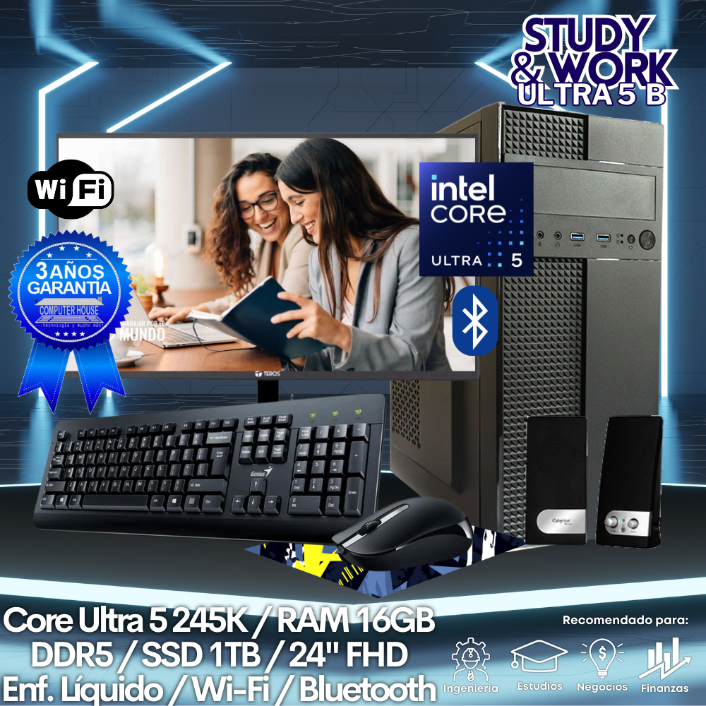 Desktop Core Ultra 5-245K "B", RAM 16GB DDR5, SSD 1TB, Wi-Fi, Bluetooth, Enfriamiento Líquido, Monitor 24″ FHD, Kit Teclado + Mouse, Parlantes o Audífono.