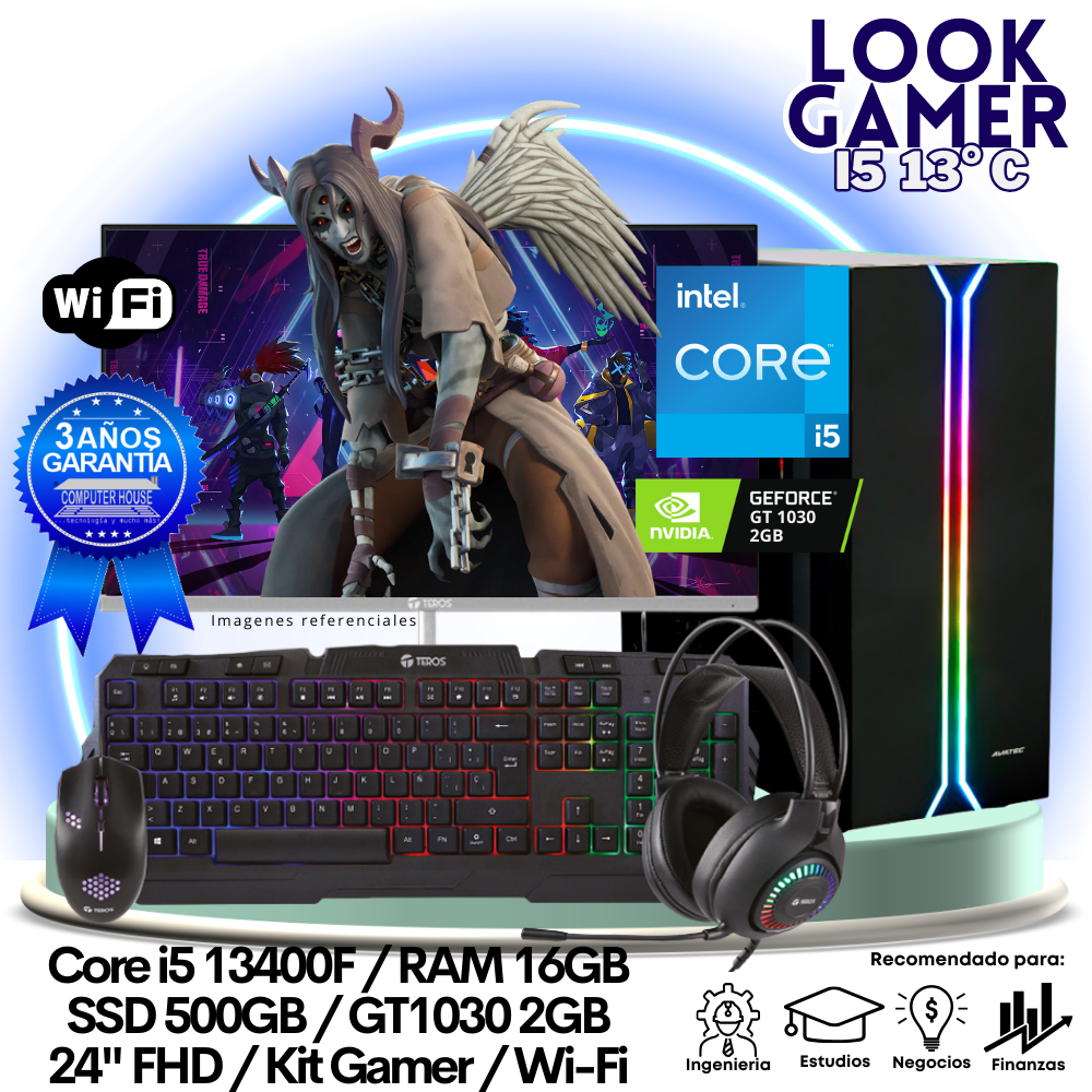 LOOK GAMER Core i5-13400F "C", RAM 16GB DDR5, SSD 500GB, Video GT1030 2GB, Wi-Fi, Monitor 24″ FHD, Kit Gamer.