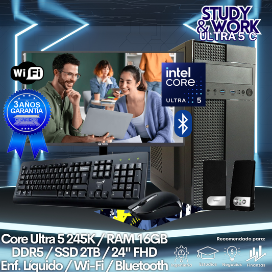 Desktop Core Ultra 5-245K "C", RAM 16GB DDR5, SSD 1TB, Wi-Fi, Bluetooth, Enfriamiento Líquido, Monitor 24″ FHD, Kit Teclado + Mouse, Parlantes o Audífono.