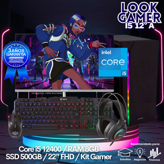 LOOK GAMER Core i5-12400 "A", RAM 8GB, SSD 500GB, Monitor 22″ FHD, Kit Gamer.