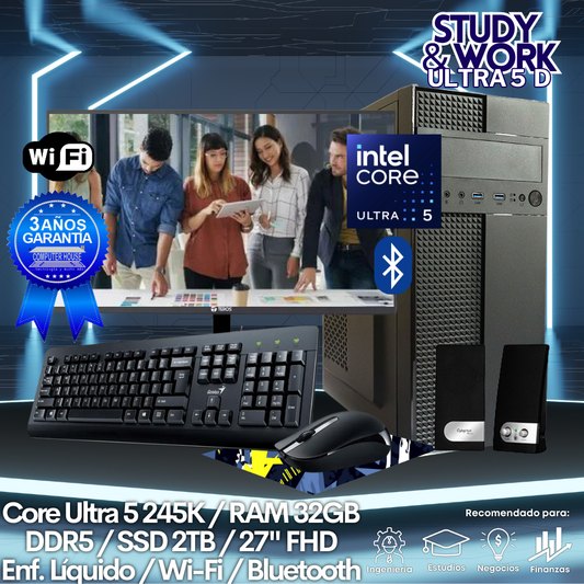 Desktop Core Ultra 5-245K "D", RAM 32GB DDR5, SSD 1TB, Wi-Fi, Bluetooth, Enfriamiento Líquido, Monitor 27″ FHD, Kit Teclado + Mouse, Parlantes o Audífono.