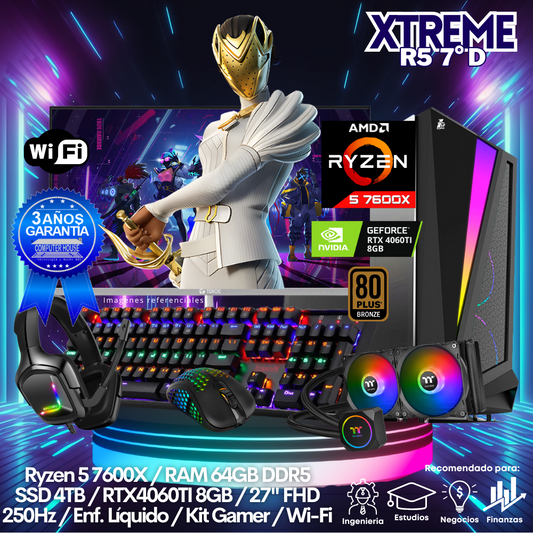 XTREME Ryzen 5-7600X "D", RAM 64GB DDR5, SSD 4TB, Video RTX4060TI 8GB, Wi-Fi, Enfriamiento Líquido, Monitor 27″ FHD 250Hz, Kit Gamer.