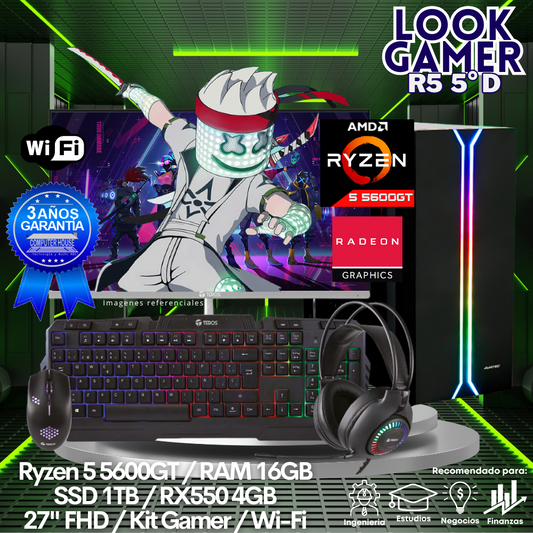 LOOK GAMER Ryzen 5-5600GT "D", RAM 16GB, SSD 1TB, Video RX550 4GB, Wi-Fi, Monitor 27″ FHD, Kit Gamer.