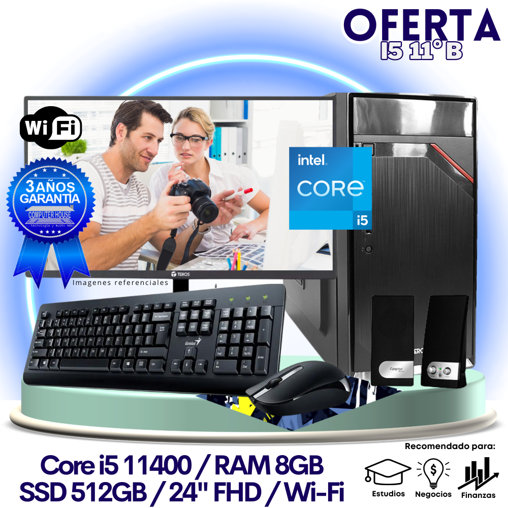 OFERTA TRABAJO & ESTUDIOS: Core i5-11400 "B", RAM 8GB, SSD 512GB, Wi-Fi, Monitor 24″ FHD, Teclado + Mouse + Parlantes.