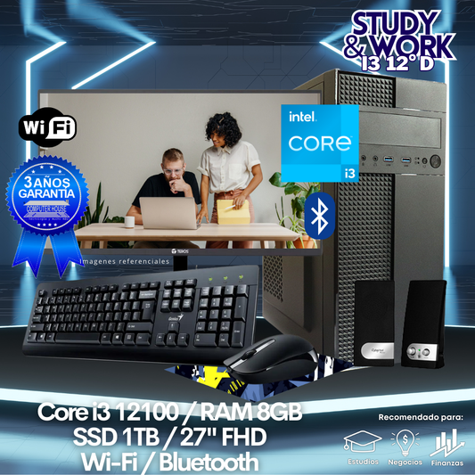 Desktop Core i3-12100 "D", RAM 8GB, SSD 1TB, Wi-Fi, Bluetooth, Monitor 27″ FHD, Kit Teclado + Mouse, Parlantes o Audífono.