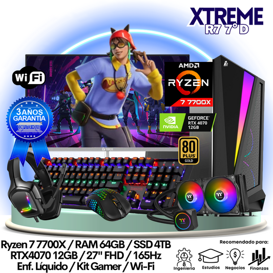 XTREME Ryzen 7-7700X "D", RAM 64GB, SSD 4TB, Video RTX4070 12GB, Wi-Fi, Enfriamiento Líquido, Monitor 27″ FHD 165Hz, Kit Gamer.