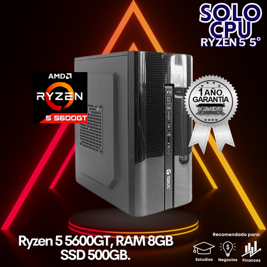 Solo CPU: Trabajo y Estudios Ryzen 5-5600GT, RAM 8GB, SSD 500GB.