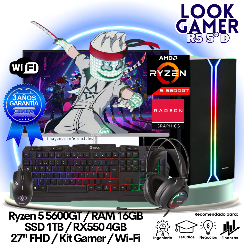 LOOK GAMER Ryzen 5-5600GT "D", RAM 16GB, SSD 1TB, Video RX550 4GB, Wi-Fi, Monitor 27″ FHD, Kit Gamer.