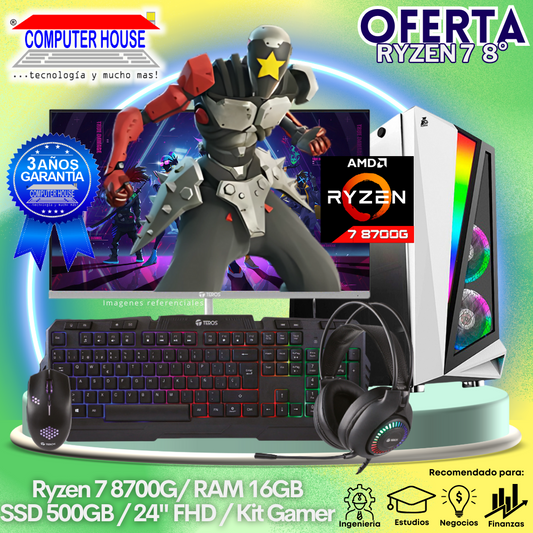 OFERTA: Look Gamer Ryzen 7-8700G, RAM 16GB DDR5, SSD 500GB, Monitor 24″ FHD, Kit Gamer.