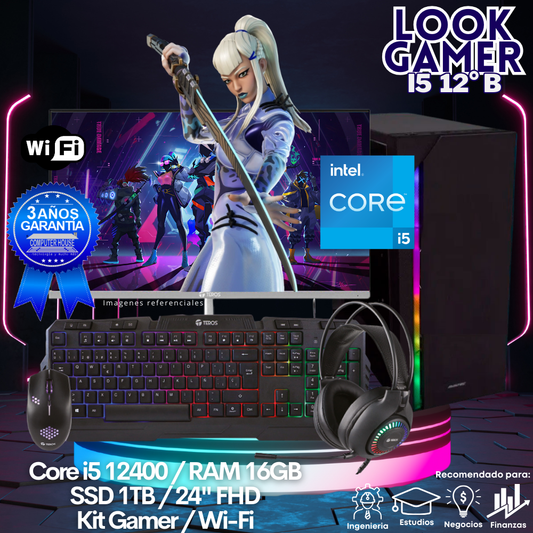 LOOK GAMER Core i5-12400 "B", RAM 16GB, SSD 1TB, Wi-Fi, Monitor 24″ FHD, Kit Gamer.