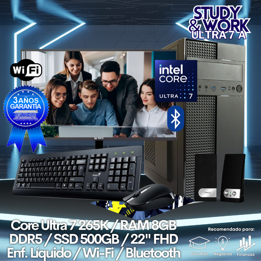 Desktop Core Ultra 7-265K "A", RAM 8GB DDR5, SSD 500GB, Wi-Fi, Bluetooth, Enfriamiento Líquido, Monitor 22″ FHD, Kit Teclado + Mouse, Parlantes o Audífono.