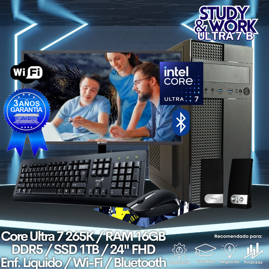 Desktop Core Ultra 7-265K "B", RAM 16GB DDR5, SSD 1TB, Wi-Fi, Bluetooth, Enfriamiento Líquido, Monitor 24″ FHD, Kit Teclado + Mouse, Parlantes o Audífono.