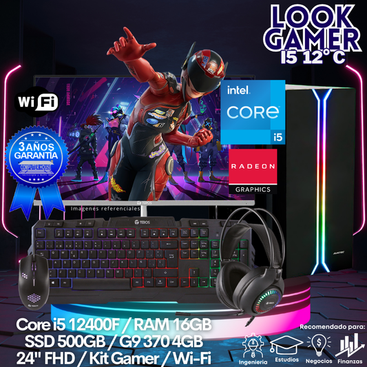 LOOK GAMER Core i5-12400F "C", RAM 16GB, SSD 500GB, Video R9 370 4GB, Wi-Fi, Monitor 24″ FHD, Kit Gamer.