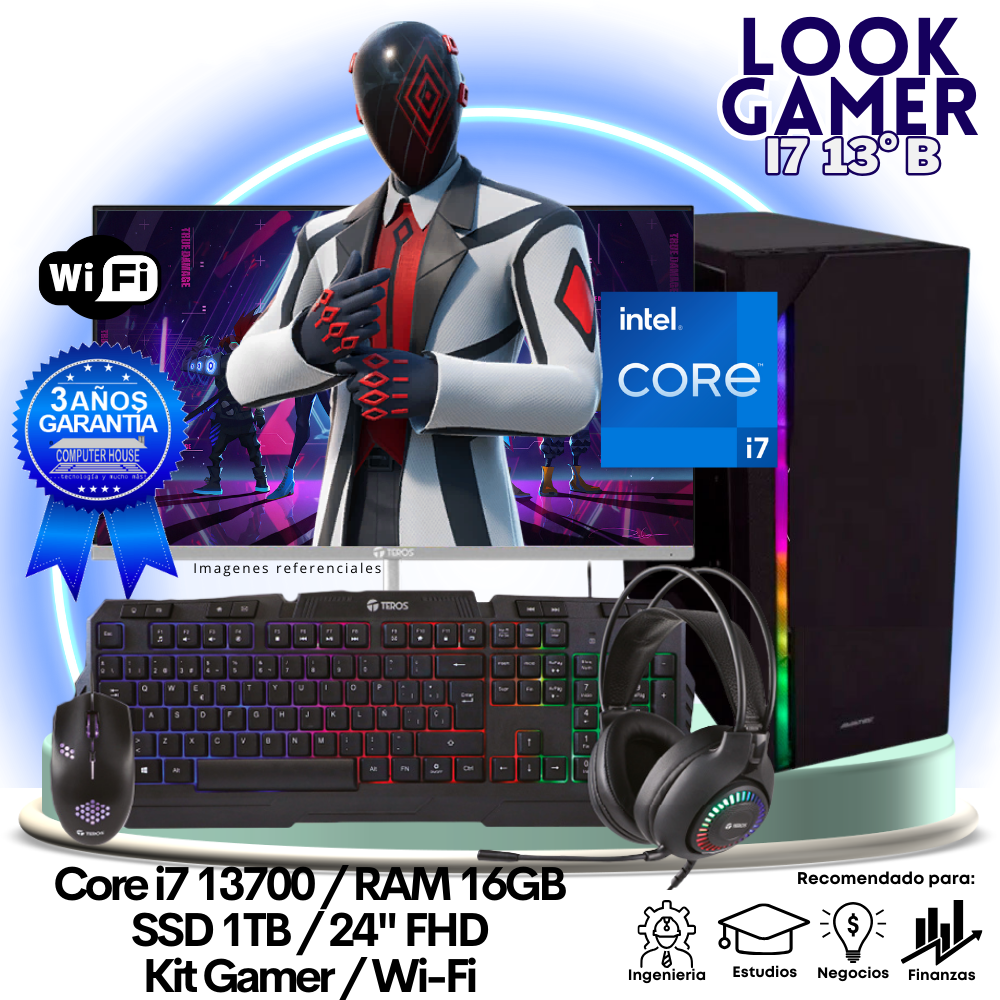 LOOK GAMER Core i7-13700 "B", RAM 16GB DDR5, SSD 1TB, Wi-Fi, Monitor 24″ FHD, Kit Gamer.