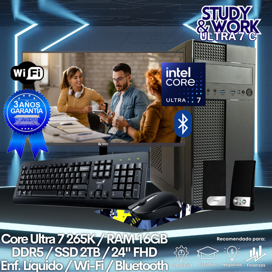 Desktop Core Ultra 7-265K "C", RAM 16GB DDR5, SSD 1TB, Wi-Fi, Bluetooth, Enfriamiento Líquido, Monitor 24″ FHD, Kit Teclado + Mouse, Parlantes o Audífono.