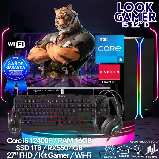 LOOK GAMER Core i5-12400F "D", RAM 16GB, SSD 1TB, Video RX550 4GB, Wi-Fi, Monitor 27″ FHD, Kit Gamer.