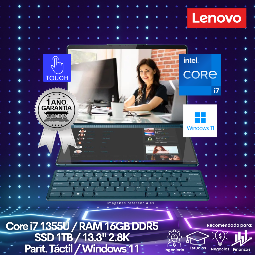 Laptop LENOVO Yoga Book 9, Core i7-1355U, RAM 16GB DDR5, SSD 1TB, 13.3" 2.8K, Pantalla Táctil, Doble Pantalla, Windows 11.