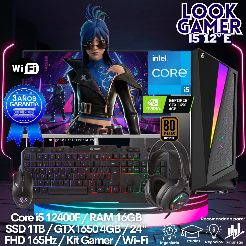 LOOK GAMER Core i5-12400F "E", RAM 16GB, SSD 1TB, Video GTX1650 4GB, Wi-Fi, Monitor 24″ FHD 165Hz, Kit Gamer.