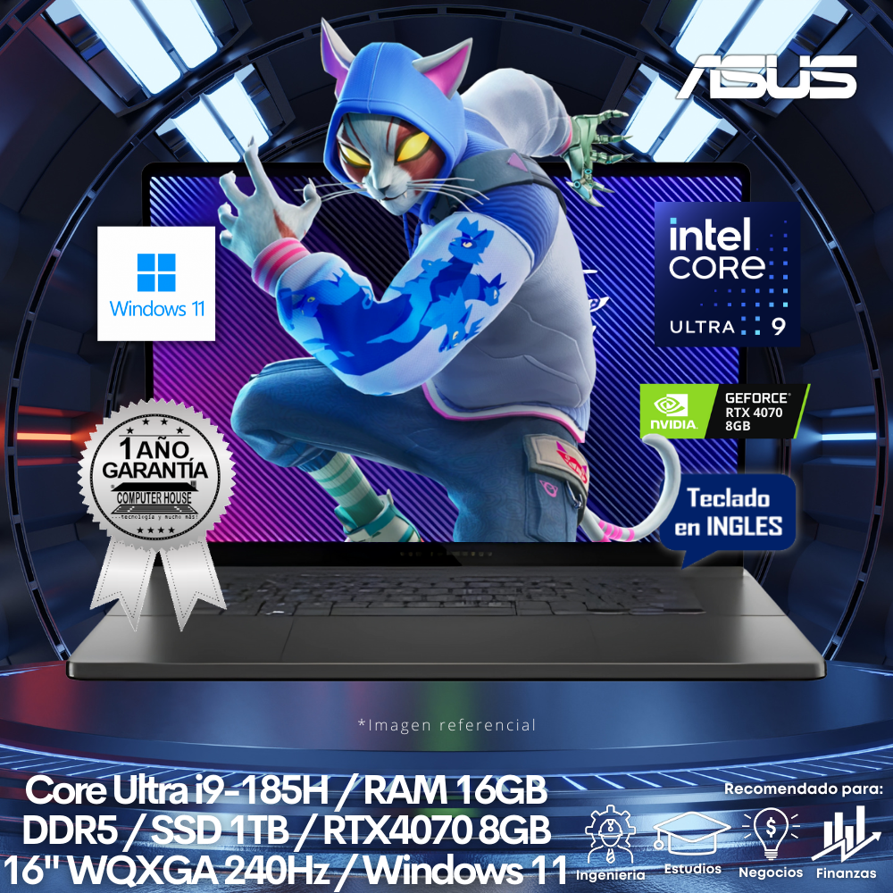 Laptop ASUS Rog Zephyrus GU605MI, Core Ultra i9-185H, RAM 16GB DDR5, SSD 1TB, Video RTX4070 8GB, 16" WQXGA 240Hz, Teclado en Inglés, Windows 11.