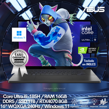 Laptop ASUS Rog Zephyrus GU605MI, Core Ultra i9-185H, RAM 16GB DDR5, SSD 1TB, Video RTX4070 8GB, 16" WQXGA 240Hz, Teclado en Inglés, Windows 11.