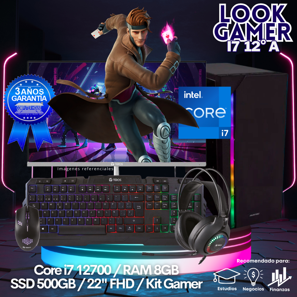 LOOK GAMER Core i7-12700 "A", RAM 8GB, SSD 500GB, Monitor 22″ FHD, Kit Gamer.