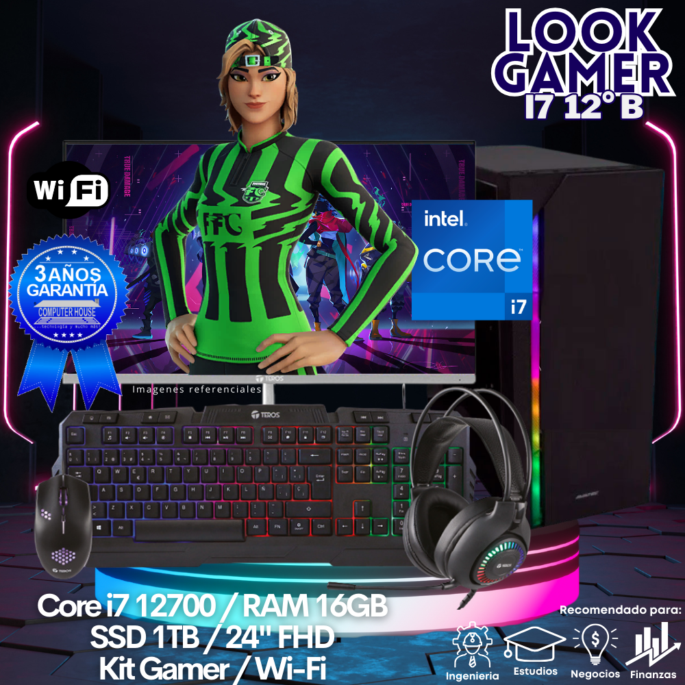 LOOK GAMER Core i7-12700 "B", RAM 16GB, SSD 1TB, Wi-Fi, Monitor 24″ FHD, Kit Gamer.