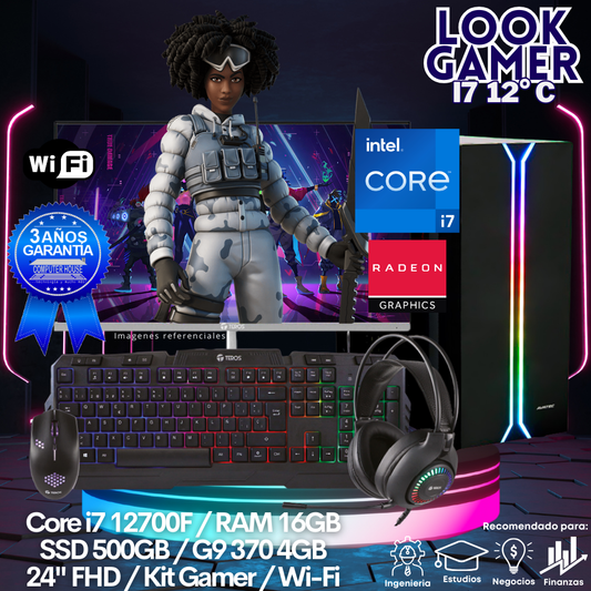 LOOK GAMER Core i7-12700F "C", RAM 16GB, SSD 500GB, Video R9 370 4GB, Wi-Fi, Monitor 24″ FHD, Kit Gamer.