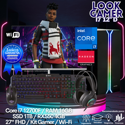 LOOK GAMER Core i7-12700F "D", RAM 16GB, SSD 1TB, Video RX550 4GB, Wi-Fi, Monitor 27″ FHD, Kit Gamer.