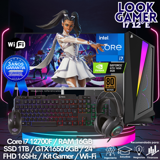 LOOK GAMER Core i7-12700F "E", RAM 16GB, SSD 1TB, Video GTX1650 4GB, Wi-Fi, Monitor 24″ FHD 165Hz, Kit Gamer.