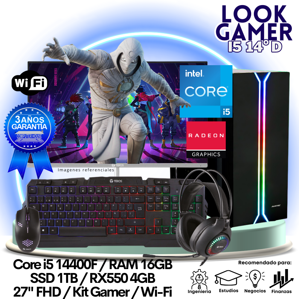 LOOK GAMER Core i5-14400F "D", RAM 16GB DDR5, SSD 1TB, Video RX550 4GB, Wi-Fi, Monitor 27″ FHD, Kit Gamer.