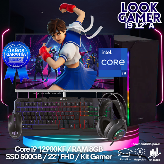 LOOK GAMER Core i9-12900KF "A", RAM 8GB, SSD 500GB, Enfriamiento Líquido, Monitor 22″ FHD, Kit Gamer.