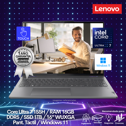 Laptop LENOVO Yoga 7, Core Ultra 7-155H, RAM 16GB DDR5, SSD 1TB, 16" WUXGA, Pantalla Táctil, Teclado en Inglés, Windows 11.