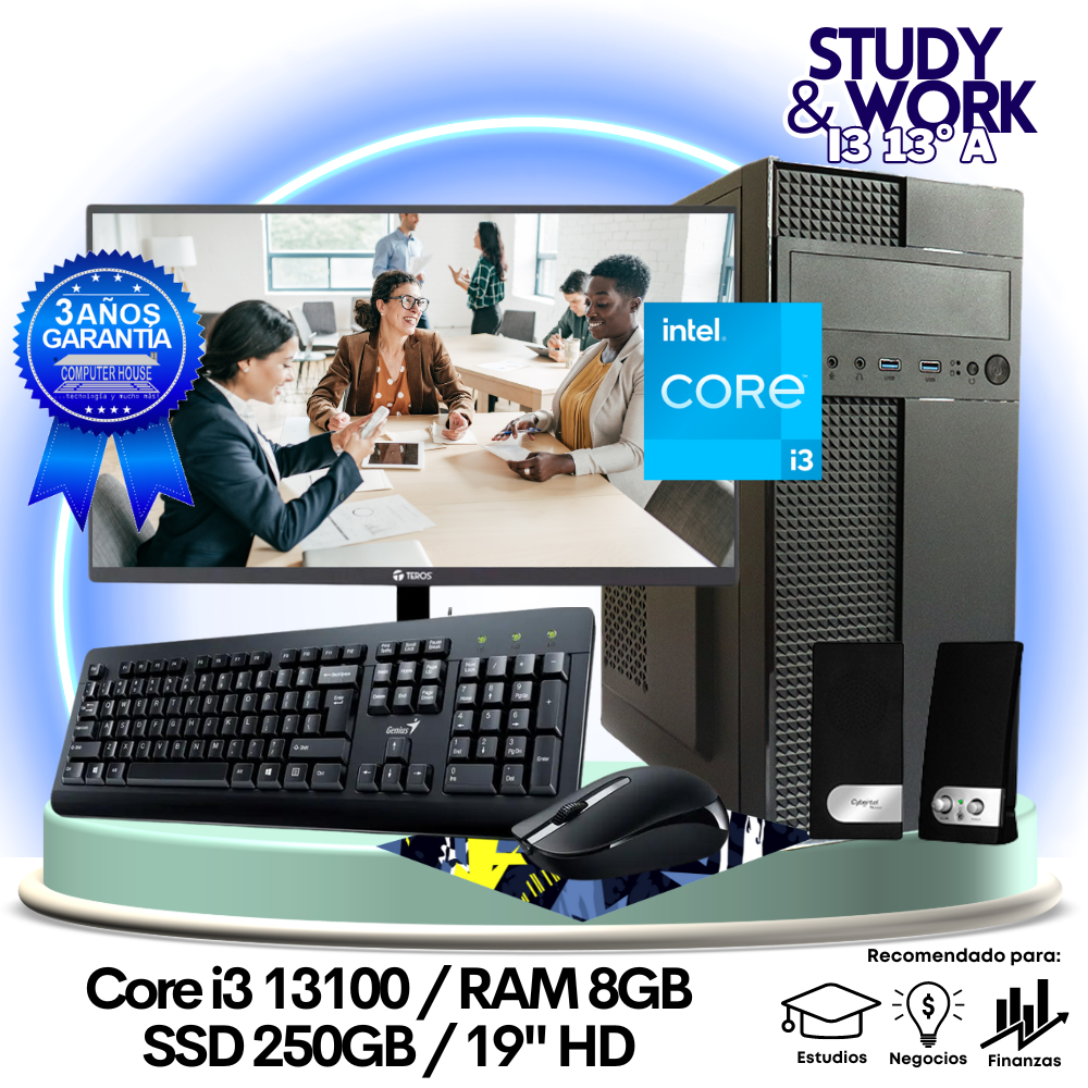 Desktop Core i3-13100 "A", RAM 8GB, SSD 250GB, Monitor 19″ HD, Teclado + Mouse + Parlantes o Audífono.