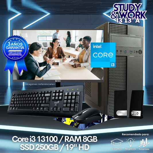 Desktop Core i3-13100 "A", RAM 8GB, SSD 250GB, Monitor 22″ FHD, Kit Teclado + Mouse, Parlantes o Audífono.