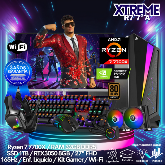 XTREME Ryzen 7-7700X "A", RAM 32GB DDR5, SSD 1TB, Video RTX3050 8GB, Wi-Fi, Enfriamiento Líquido, Monitor 27″ FHD 165Hz, Kit Gamer.