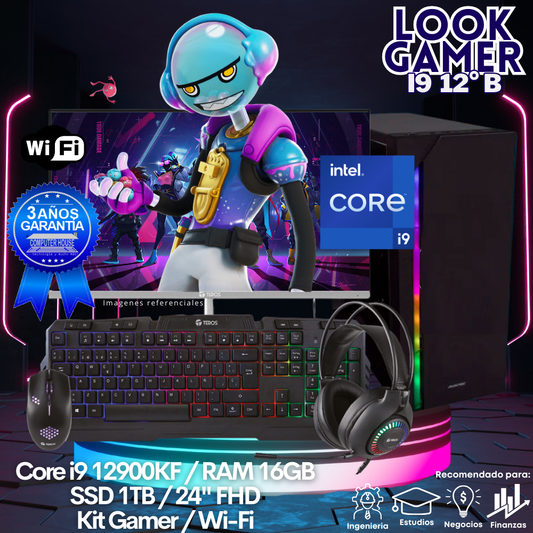 LOOK GAMER Core i9-12900KF "B", RAM 16GB, SSD 1TB, Wi-Fi, Enfriamiento Líquido, Monitor 24″ FHD, Kit Gamer.