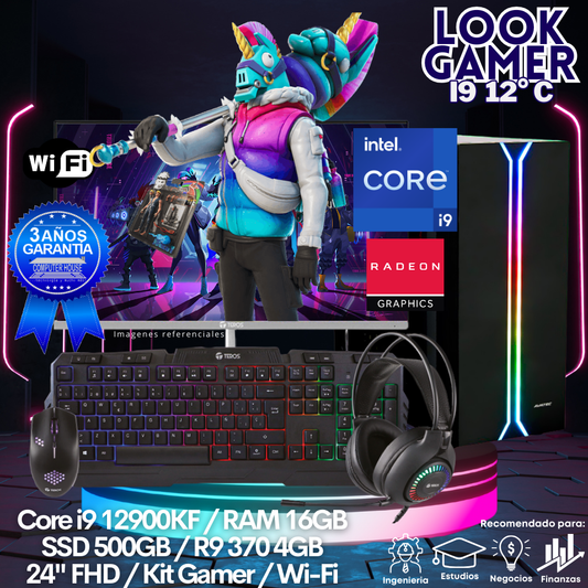 LOOK GAMER Core i9-12900KF "C", RAM 16GB, SSD 500GB, Video R9 370 4GB, Wi-Fi, Enfriamiento Líquido, Monitor 24″ FHD, Kit Gamer.